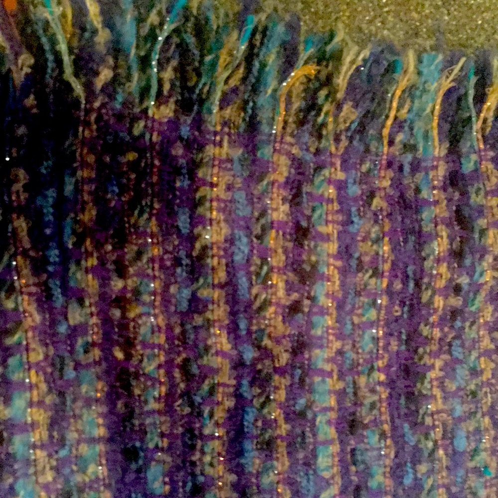 Unique scarf, blue, purple, silver, grey.